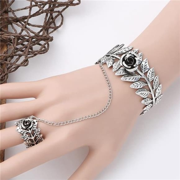 Jewelry - Asphire Gothic Leaf Vine Bracelet with Finger Ring Retro Silver Rose Slave